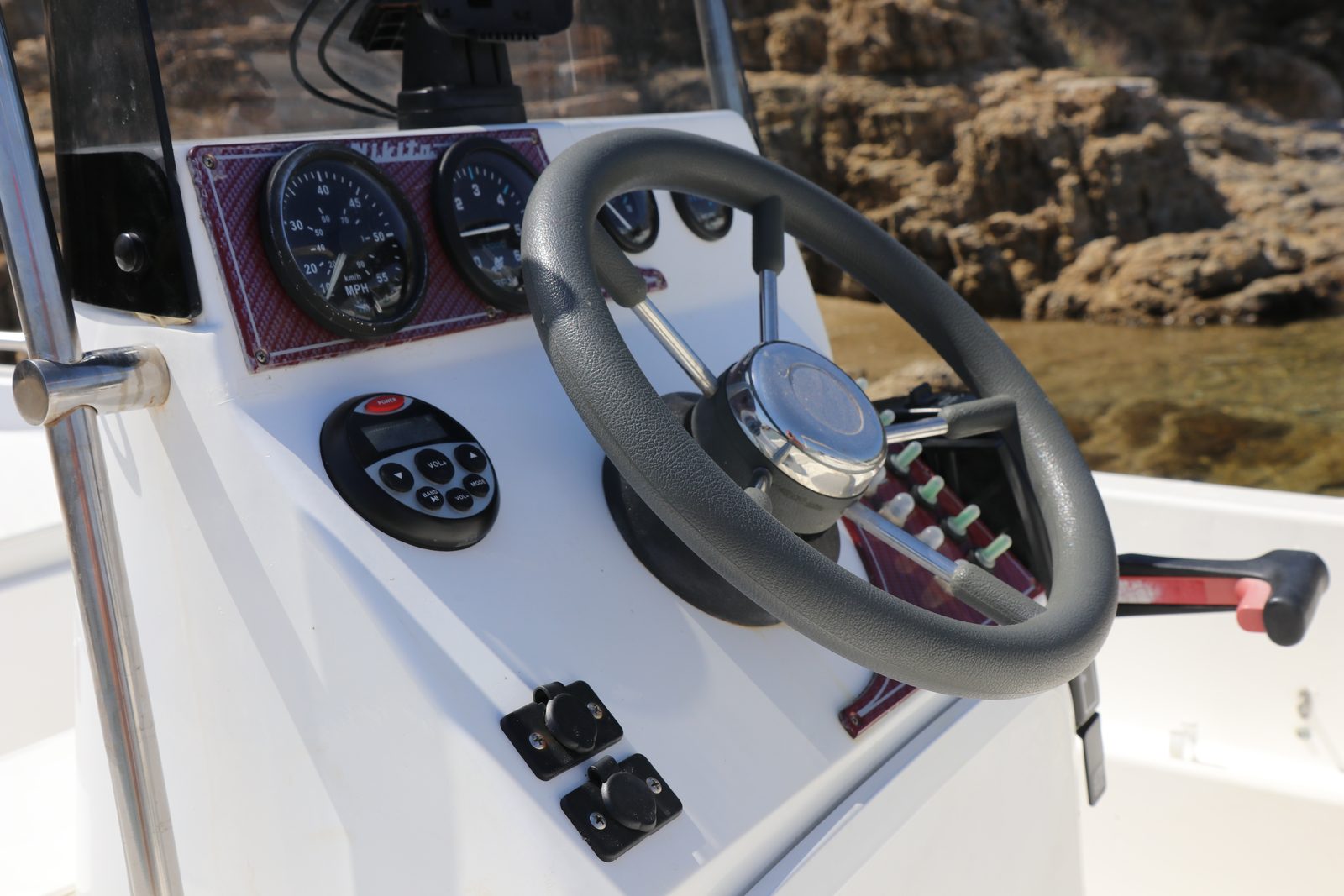 Helm and controls of the Baf open boat