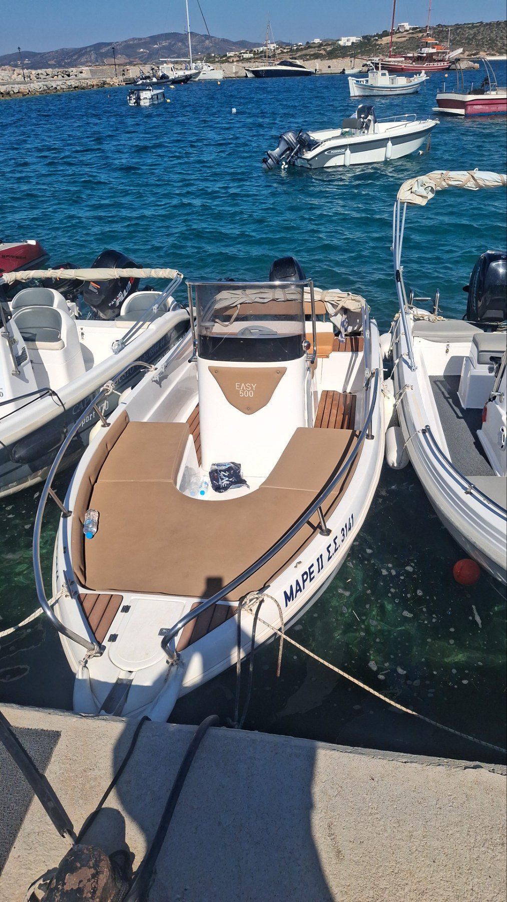 Marre II moored at the quay of Alyki port in Paros